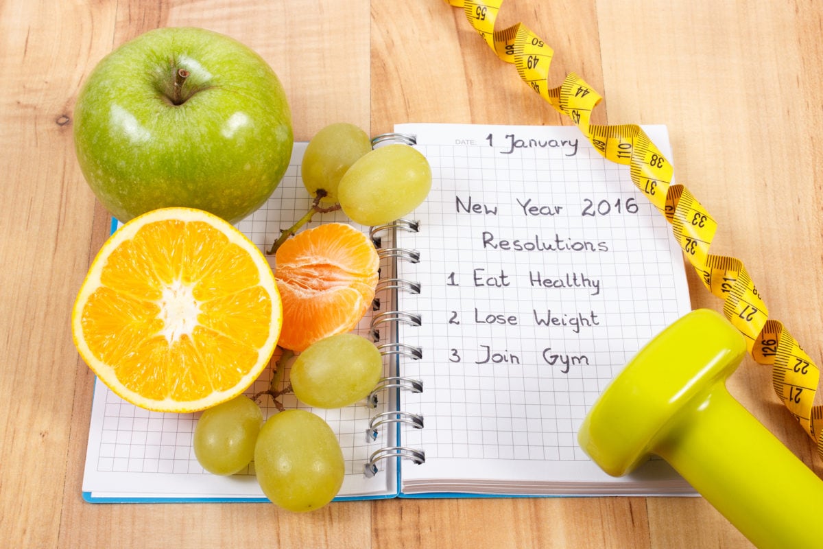 New Years Resolutions Written In Notebook And Fruits, Dumbbells