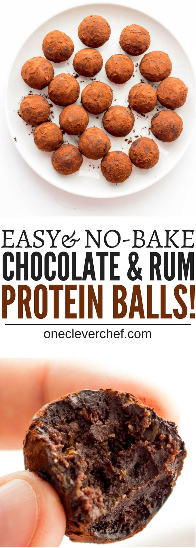 These Healthy Chocolate & Rum Balls are the perfect no-bake snack. They are easy to make, protein-packed and perfect either as a dessert or a post-workout lunch. Made in one bowl and ready under 15 minutes, theya re also paleo, vegan, gluten-free and dairy-free | www.onecleverchef.com