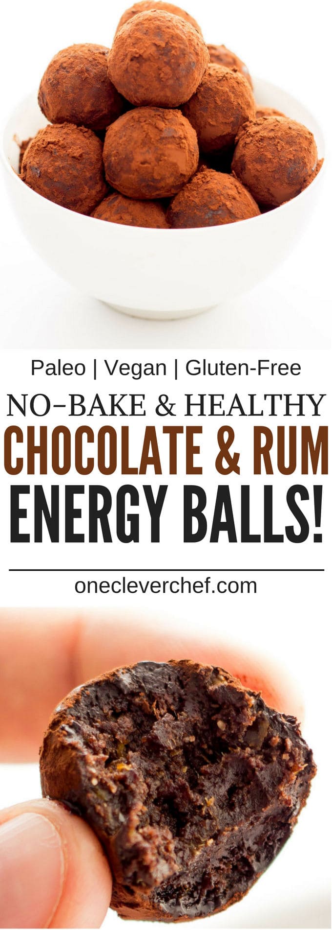 These Healthy Chocolate & Rum Balls are the perfect no-bake snack. They are easy to make, protein-packed and perfect either as a dessert or a post-workout lunch. Made in one bowl and ready under 15 minutes, theya re also paleo, vegan, gluten-free and dairy-free | www.onecleverchef.com