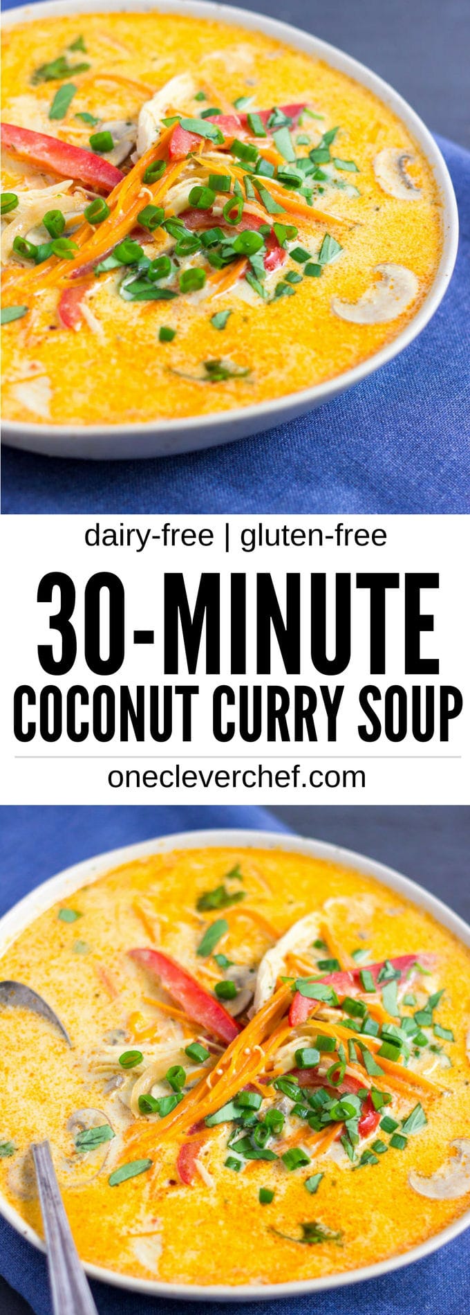 This Coconut Curry Chicken Soup with Quinoa is easy to make, healthy and ready in under 30 minutes. King of the thai comfort foods, this delicious red curry soup is full of veggies, gluten-free, and can be made paleo, vegan and low-carb with a few simple ingredient swaps. 