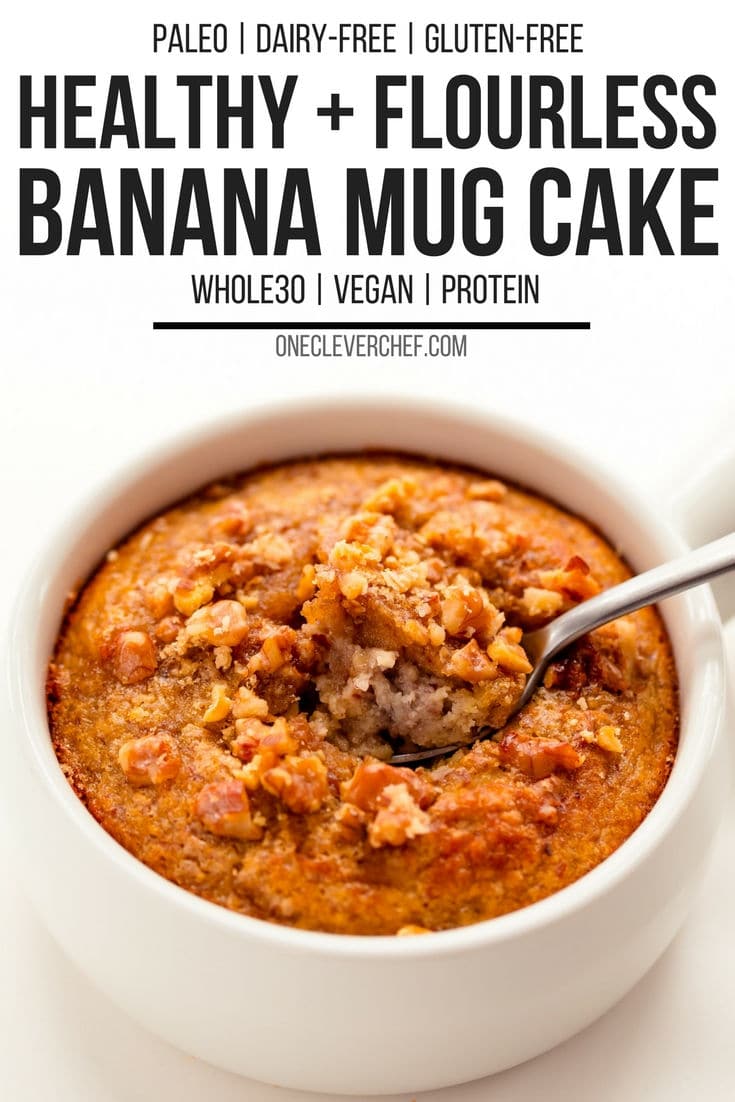Banana mug cake with a spoon scooping up a bite. With text overlay.