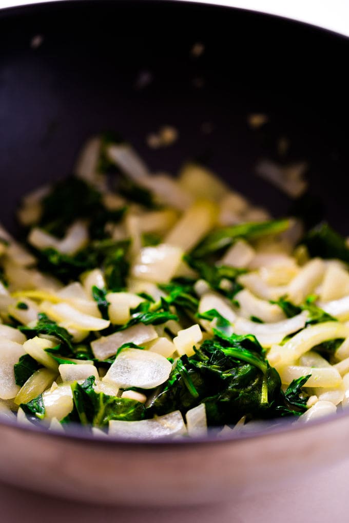 Sauteed onion with garlic and spinach.