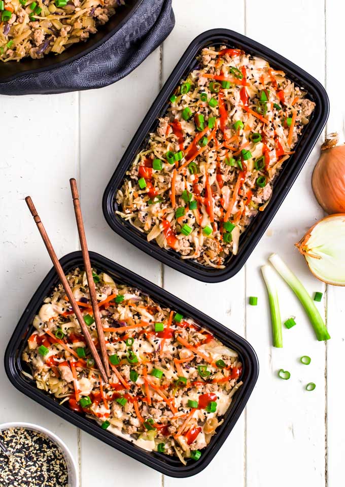 Egg roll in a bowl in meal prep containers