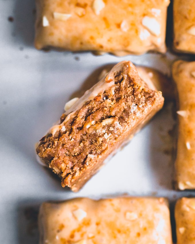 Caramel oatmeal protein bars in close up