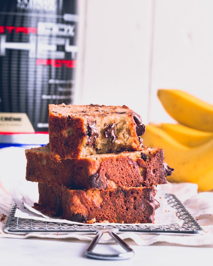 3 slices of protein banana bread stacked