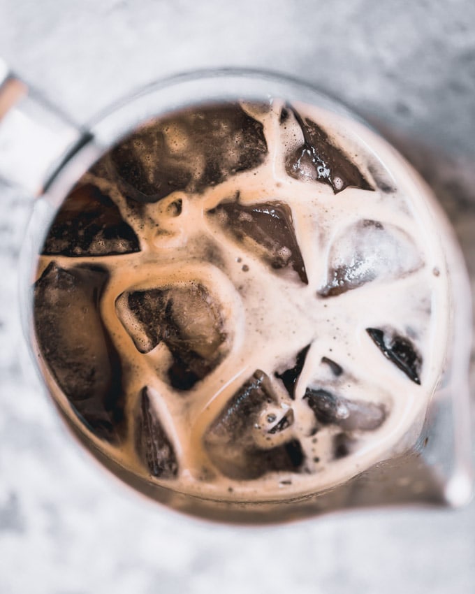 Coffee and Ice in a frothing pitcher