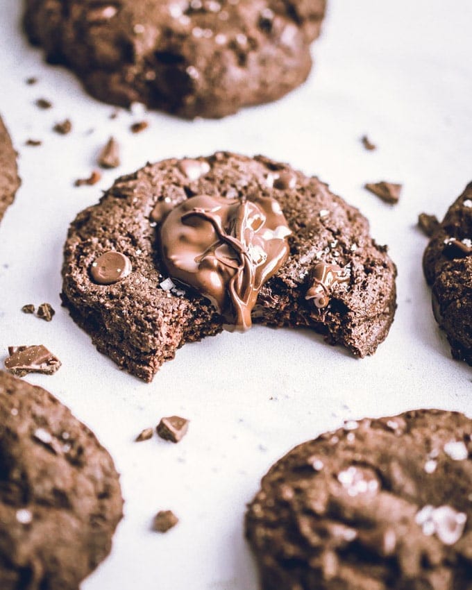 Double chocolate protein cookies on a white background